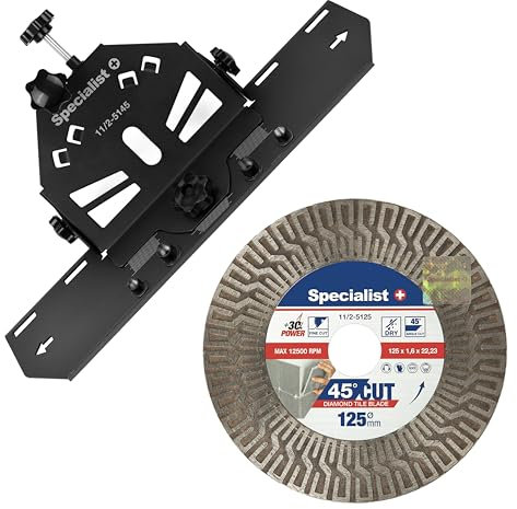 Specialist+ Fliesenschneider-Set für Winkelschleifer - Slider 45 Grad Manueller Tile Cutter Werkzeug und Diamant Trennscheibe 125mm, Extra Dünne Diamantscheibe für Fliesen, Keramik, Marmor