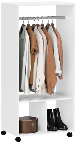 HOMCOM Appendiabiti da Ingresso con 2 Ripiani Aperti e Ruote, Armadio Appendiabiti con Barra in Alluminio e Legno, 60x40x128cm, Bianco