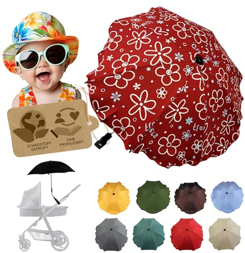 Sonnenschutz universal [Sonnenschirm für Kinderwagen] Buggy UV Schutz 50+ mit Universalhalterung biegsamer Schirm für Rund- und Ovalrohre verstellbar (Flowers rot)