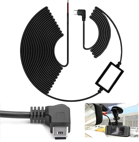 Dash Cam Hardwire Kit,Mini USB Hard Wire Kit 12V-24V to 5V 2.5A with Low Voltage Protection 14ft Dash Cam Charger Power Cord Right Angle Mini USB Step‑Down Line for Dashcam GPS Power Supply