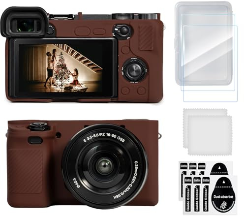 TYUANDOUER Kit de accesorios de funda para cámara A6400 A6300 y protector de pantalla LCD, funda de silicona suave para cámara digital Sony Alpha A6400 A6300, cubierta de cuerpo con agarre, marrón