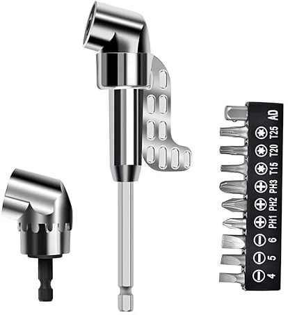 105° Right Angle Drill Attachment Set (Long + Short), 1/4 Hex Shank Socket Adapter with 10pcs Magnetic Screwdriver Bits, Professional Impact Driver Corner Tool for Tight Spaces & Hard-to-Reach Areas