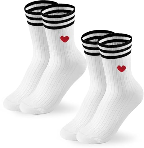 Hopton Tennissocken Damen 35-43, 2 Paar Herz Sportsocken Radsocken, Weiße Baumwollsocken mit Herz Motiv, Süße Lustige Socken für Festivals Jahrestag Geschenk