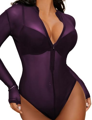 Avidlove Body sexy en dentelle pour femme avec maille en filet - Top élégant avec fermeture éclair - Bodysuit à manches longues - Blouse - Haut de soirée - Déguisement rave - Vêtement de club, lilas