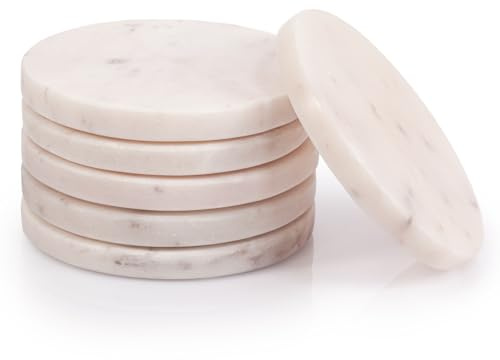 EHC Circular Marble Drink Coasters Mats, Set of 6 Premium Stone Protectors for Cups & Tumblers, Slip-Resistant Tabletop Shield, Elegant Rock Accents for Home or Work - White