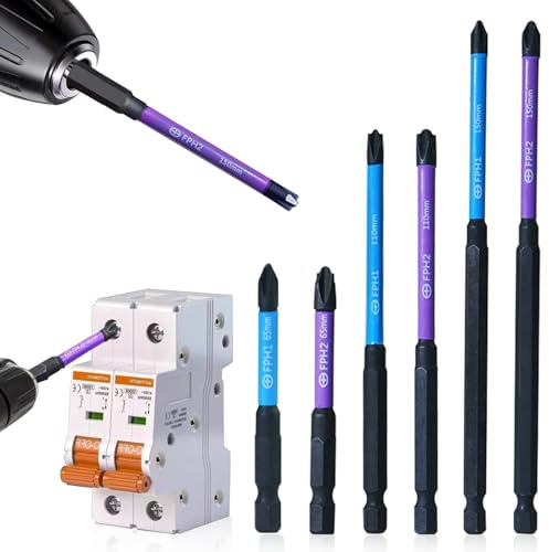 SJAJNO Electrician Impact Screwdriver Bit Set, 1/4” Hex-Shank S2 Steel FPH1 & FPH2 Screwdriver Bit Set for Electricians, 6PCS Phillips Cross Slot Head Screw Driver Drill Bits with Magnetism