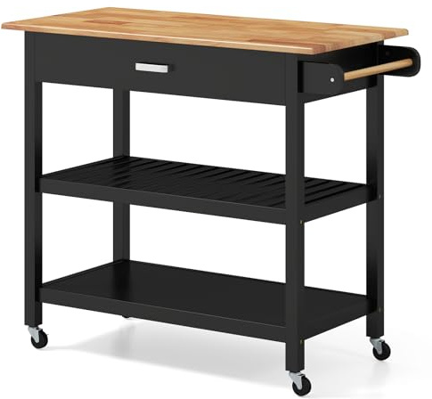 COSTWAY Kitchen Island Cart, 3-Tier Rolling Storage Trolley with Drawers, Lockable Wheels & Side Handle, Mobile Utility Storage Cabinet (106 x 50 x 89cm, Black, Rubber Wood Countertop)