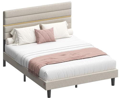 VASAGLE Polsterbett, Doppelbettgestell, Bettgestell, passend für 140 x 200 cm Matratze, verstellbares gepolstertes Kopfteil, Bettrahmen, Metall, Massivholz, modern, cappuccinobeige RMB504LH01