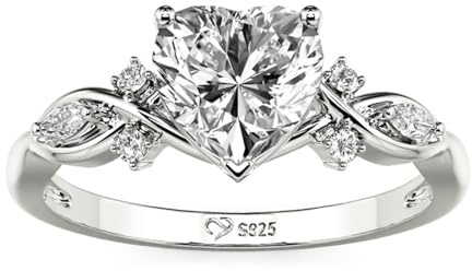 Bague pour femme en argent sterling avec pierre marquise, sertie d'un cœur en moissanite taille cœur et d'un motif feuille de vigne torsadée. Bague d'éternité rétro.