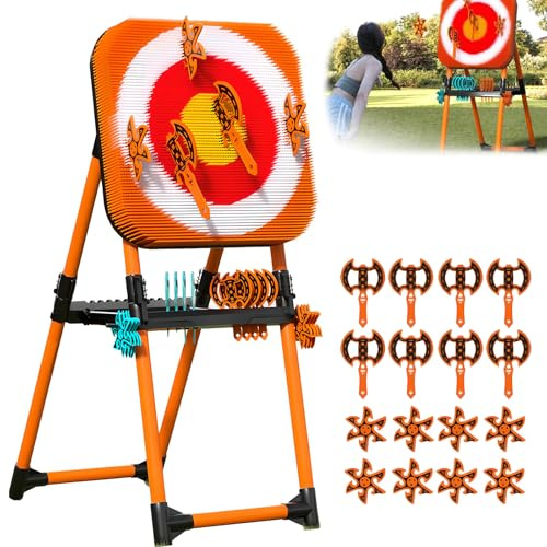 Ensemble De Jeu De Lancer De Hache, Jeu De Lancer De Hache Et De Fléchettes De Pelouse 2 en 1 avec 8 Fléchettes Et 8 Haches Volantes à Long Manche, Cadre en Métal Robuste pour L'intérieur L'ex Orange