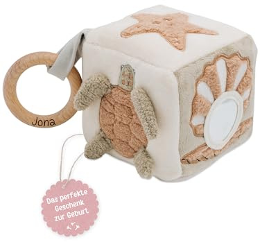 wunderwunsch Jollein Stoffwürfel personalisiert. Spielwürfel Baby, Motorikspielzeug für Kinder, Geschenk zur Geburt, Motorikwürfel, Kuscheltier, Spielzeug (Meerestiere)