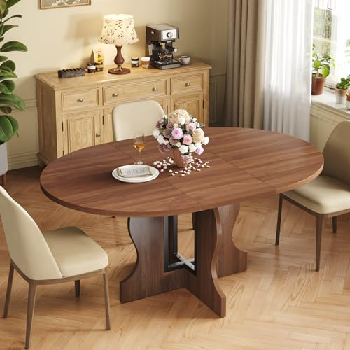 Mondeer Extendable Round Dining Table 110-150cm, Hidden Storage, Walnut