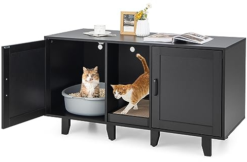 GYMAX Armario para Gatos de 2 Puertas, Casa para Gatos con Entrada Oculta y Tabla para Rascar, Mesa Auxiliar, Armario para Mascota Multifuncional para Guardar Arenero (Negro)