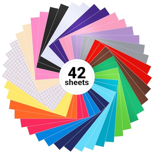 Lot de 42 Pièces Vinyle Adhésif – Vinyle Permanent Pour Cricut, 30,5 x 21 cm, 19 Couleurs, avec Film de Transfert, Idéal pour Logos, Autocollants Voiture, Panneaux Publicitaires, DIY et Modèles