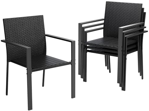 Amopatio Gartenstühle Stapelbar 4er Set, Polyrattan Stapelstuhl Garten mit Armlehnen, Stabiler Stahlrahmen, Wetterfest Rattansessel - Rattan Balkonstühle für Balkon, Terrasse, Schwarz