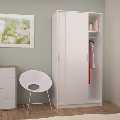 Meyvaser.com Ecommerce Company Armoire à 2 Portes coulissantes, Blanc uni | 200 x 100 x 50 cm | Tringle à vêtements + étagère supérieure | FSC | Fabriquée en Espagne