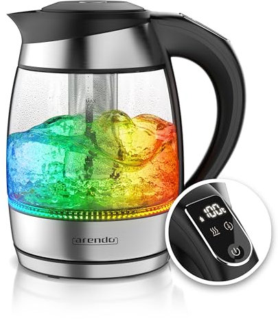 Arendo - Glas Wasserkocher mit Temperatureinstellung - mit Teesieb - Kabellos - Edelstahl - 1,8L – Überhitzungsschutz – Temperaturauswahl 40° - 100°C - Warmhaltefunktion - LED Beleuchtung