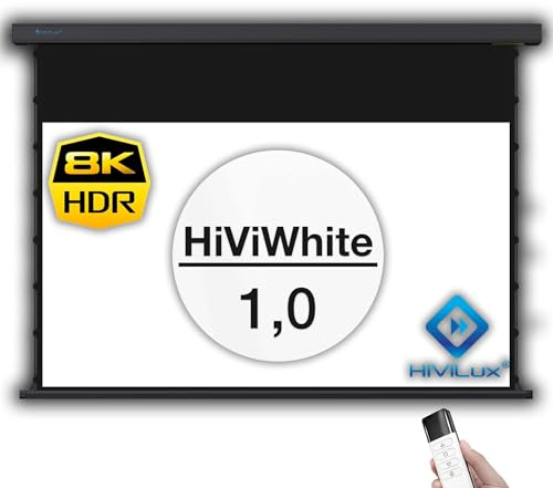 HiViLux TXN – Pantalla de proyector motorizada, ganancia 1,0, tela blanca profesional de pantalla de cine / 3D / 4K / UHD / estructura de aluminio / sin efecto brillante o puntos / sin telas ni fibra de vidrio