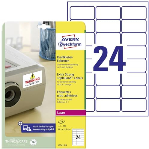 AVERY Zweckform L6141-20 Kraftkleber Etiketten (480 Aufkleber, 63,5x33,9mm auf A4, extrem stark selbstklebend, permanent haftend, bedruckbare Klebefolie für kritische Bedingungen) 20 Blatt, weiß