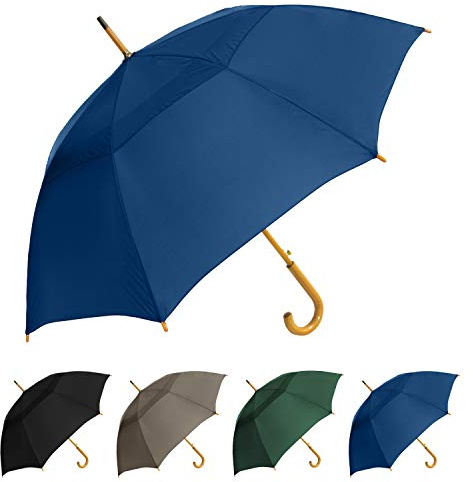 The Vented Urban Brolly 48 Arc Automatic Open Large Windproof Golf Umbrella, Classic Umbrella with Wooden J Handle, Vintage Style Lightweight Long Curved Handle Umbrella for Rain - Navy Blue