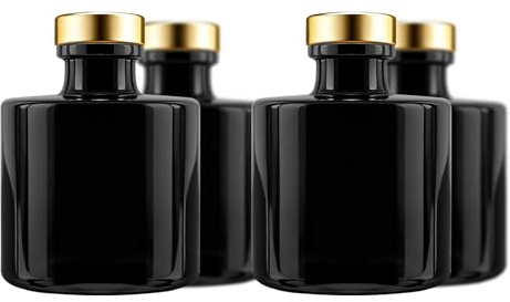 Frandy House Black Glass Diffuser Bottles Round Diffuser Jars with Golden Cork Caps Set of 4 – 2.95 inches High, 100ml 3.4ounce. Fragrance Accessories Use for Diy Replacement Reed Diffuser Sets.
