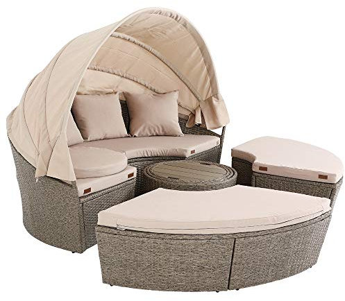 Casaria® Sonneninsel Lounge Set ø185cm Polyrattan Faltbares Sonnendach Ausziehtisch 7cm Sitzauflagen Wetterfest Outdoor Sonnenliege Gartenliege Beige