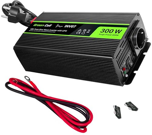 Green Cell® 300W/600W 12V a 220V/230V Onda sinusoidal Pura Inversor de Corriente DC AC UPS Power Inverter Transformador de Voltaje para Coche Camion con Puerto USB y Pinzas de conexión a batería