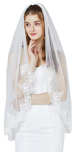 BEAUTELICATE Brautschleier Schleier Spitzenborte Für Braut Hochzeit Softtüll Weiß Ivory Fingerspitzen Länge Mit Metall Kamm 1 Schicht V85