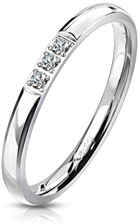 Paula & Fritz® Verlobungs-Ring Silber 2mm breit 3 Zirkonia Kristall Clear farblos Edelstahlring Damen-Ring Freundschaftsring Partnerring 47 (15) – 60 (19.1)