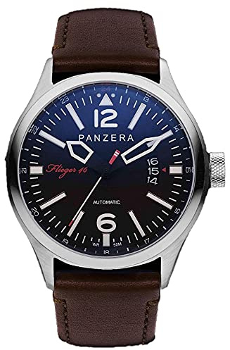 Panzera Flieger 46 Hornet Vintage Automatik Stahl Schwarz Leder Braun Datum Herren Uhr