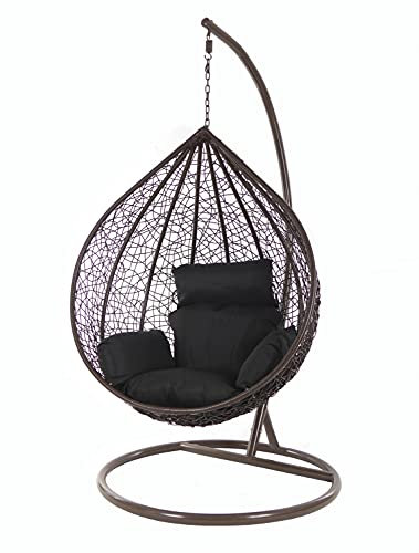 KIDEO Komplettset: XXL Hängesessel mit Gestell & Kissen, Korbsessel, Poly-Rattan, braun, groß (Kissen: Nest schwarz [9999 Black])