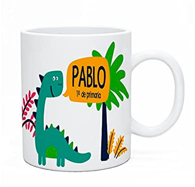 Made in Gift Taza de Plástico Infantil con Asa Dinosaurio Personalizada de 33 Cl de Capacidad con Nombre y Texto en Color