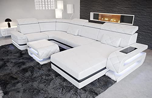 Sofa Bologna als Wohnlandschaft in der U-Form Leder Couch mit USB Kopfstützen Beleuchtung Ledersofa als Designersofa mit Stauraum (Ottomane rechts (auf Sofa blickend), Weiß-Schwarz)