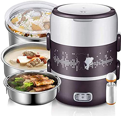 Electric Food Heater, Steam Cook Heat Three Major Functions Rice Steamer Pot Food Grade Material,2L Portable Lunch Box with Stainless Steel Bowl and Plate, Food Steamer for Office and Home