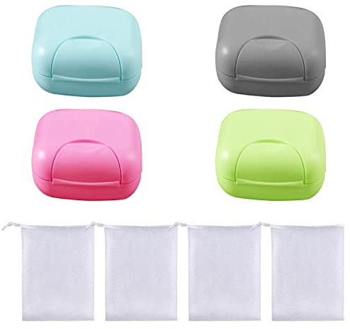 Portasapone portatile per lavare il viso da 4 pezzi e sacchetto a rete per portasapone da 4 pezzi, portasapone a prova di perdite impermeabile con coperchio per casa, bagno (piccola dimensione)