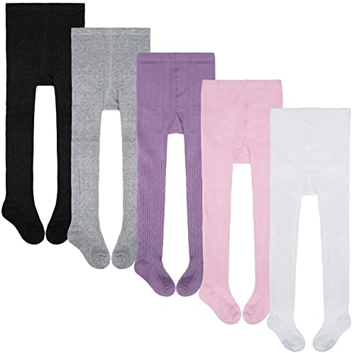 Looching 5Pack Toddler Baby Girls Cable Knit Leggings Solid Cotton Footed Tights Warm Stockings Pantyhose Pants Trousers for 6-8T