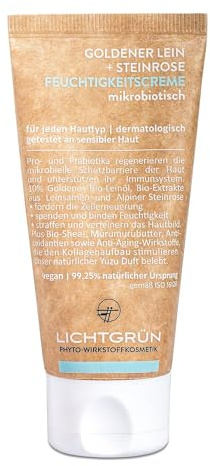 LICHTGRÜN® Feuchtigkeitscreme 50 ml, mikrobiotische Well-Aging Gesichtscreme mit Phyto-Retinol, 10% Goldenem Bio-Leinöl und Alpiner Bio-Steinrose, vegan mit natürlichem Yuzu-Duft, Made in Germany