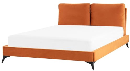 Beliani Cama con somier de Terciopelo Naranja Negro 160 x 200 cm Base de Listones Melle