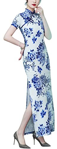 Women's Vintage Maxi Cheongsam Costume Short Sleeve Mandarin Collar Chinese Traditional Side Slit Qipao Bodycon Dress (40# Blue and White Porcelain, M)