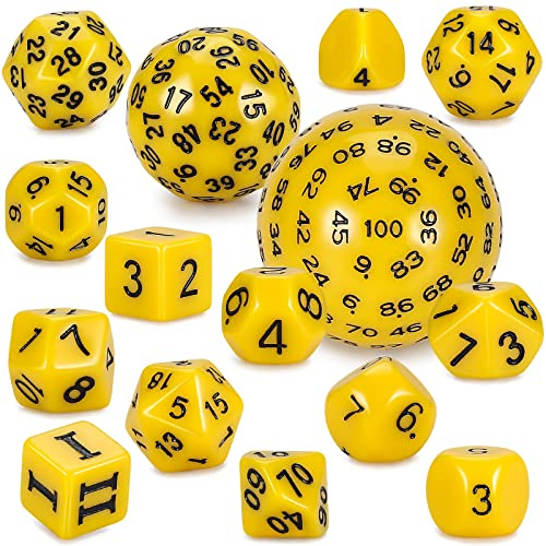 YILAIDA Polyedrisches Würfel Set, 15 Stück D3-D100 Würfel(Gelb und Schwarz) | D&D Spiel Würfel mit Beuteln für Dungeons und Dragons RPG MTG COC Tischspiele Dice