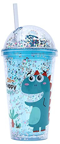 Hixingo Trinkbecher, Doppelwandig Strohbecher Kaffeetassen Becher 480ml aus Kunststoff Dinosaurier-Druck Trinkflasche mit Deckel und Strohhalm für Saft Kaffee wiederverwendbar (480ml,Blau)