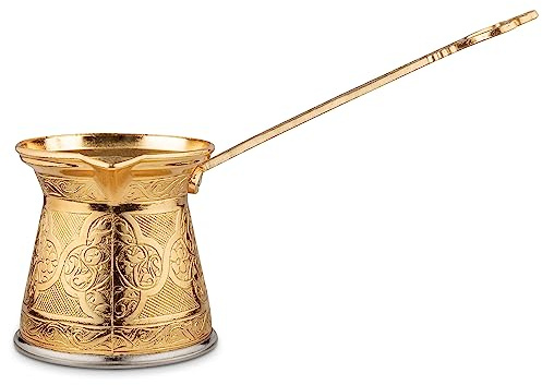 Alisveristime Authentische türkische Kaffeekanne, handgefertigt, Cezve/Ibrik, 8,9 cm breit, 8,9 cm hoch, 384 ml, verbessern Sie jetzt Ihr Kaffee-Erlebnis. (4 Tassen) (Gold)