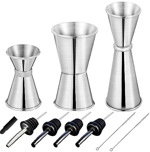 RUIJIE 3 Stück Cocktail Messbecher Edelstahl Barmaß 3cl/5cl/7cl Klein Jigger Dual Gin Measuring Cups mit 4 Flaschenausgießer & 2 Bürste Doppelmaß für Bar Party Wein Drink Shaker