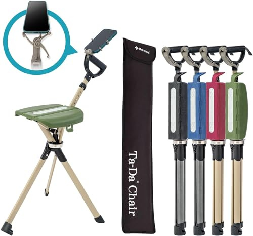 Ta-Da Chair Series 2 PRO - Walking Stick with Seat, Lightweight Aluminium Pole Frame & Sturdy Foldable Stool (up to 136kg), Easy Folding Design, Ideal for Hiking & Outdoors - Green, Adjustable