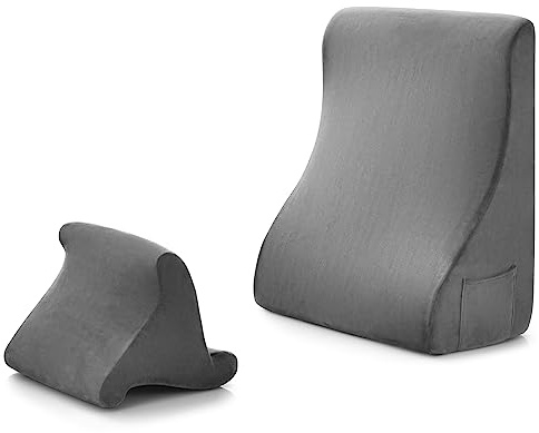 COSTWAY Bed Wedge Pillows Set, High Density Foam Incline Cushion with Tablet Pillow Stand and Side Pockets, Orthopaedic Back Support Pillow for Reading, Leg Elevation, Acid Reflux, Pain Relief (Grey)