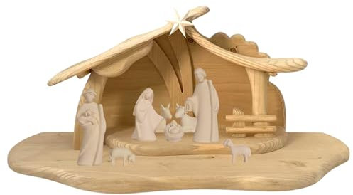 Akantus Leonardo Weihnachtskrippe aus Holz: 8er Set mit Stall HL.Nacht groß (17 cm, Natur)