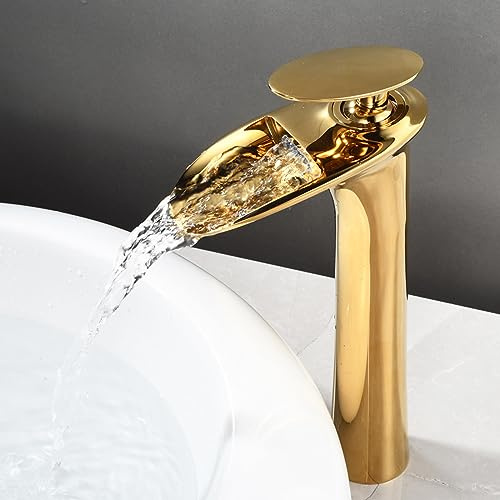 ZYCDP Waschtischarmatur Wasserfall Gold Mischbatterie Bad Wasserhahn Waschbecken Einhebel Badarmatur Badarmatur Heiß Und Kalt, Hoch