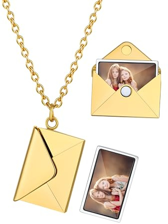 Custom4U Personalisierte Foto Medaillon zum Öffnen mit Bild Edelstahl Umschlag Halskette Fotokette mit Briefumschlag in Silber/Gold/Rosegold/Schwarz Geschenk für Muttertag Weihnachten Geburtstag