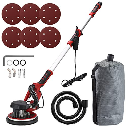 Levigatrice Muri Elettrica Palmare, Levigatrice per Muri a Secco Regolabile da 1,3-2 Metri, Macchina per Intonacare Pareti da 900-1200 Giri/Min, con Carta Vetrata e Sacchetto Raccolta Polvere