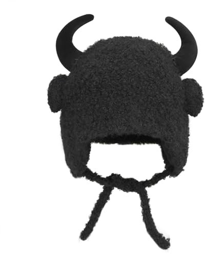 Unisex Kuhhorn Plüsch Mütze Winter Warme Mütze Weich Kuhhut mit Ohren Winddicht Tier Kappe Anti-Kälte Fleece-Kappe gemütlich Ohrenschutzmütze für Laufen, Fahrradfahren, Snowboarden, Reisen